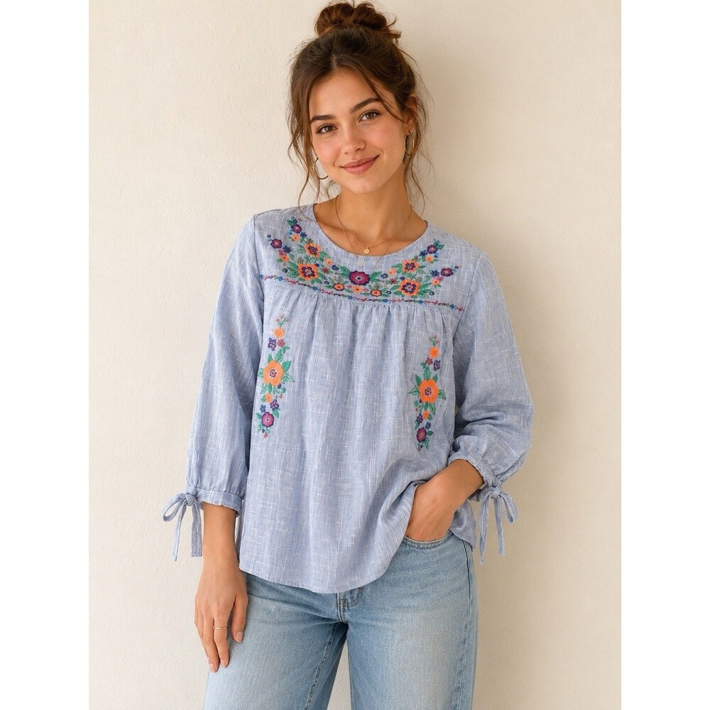 JODIFL Womens Large Blue Embroidered Floral Boho Peasant Top Hippie Tunic Rustic